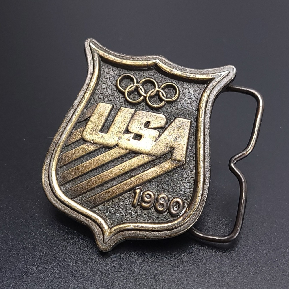 Vintage Bergamot Brass Works 1980 USA Olympic Shield Belt Buckle Brass Patina